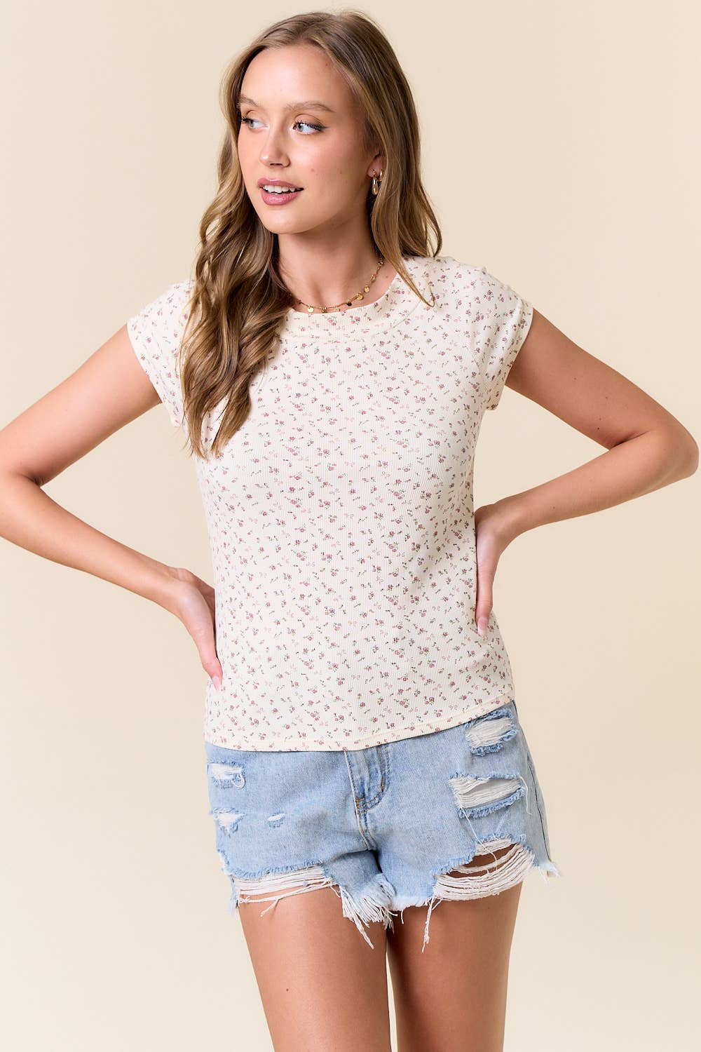 Maeve Floral Print Top in Cream