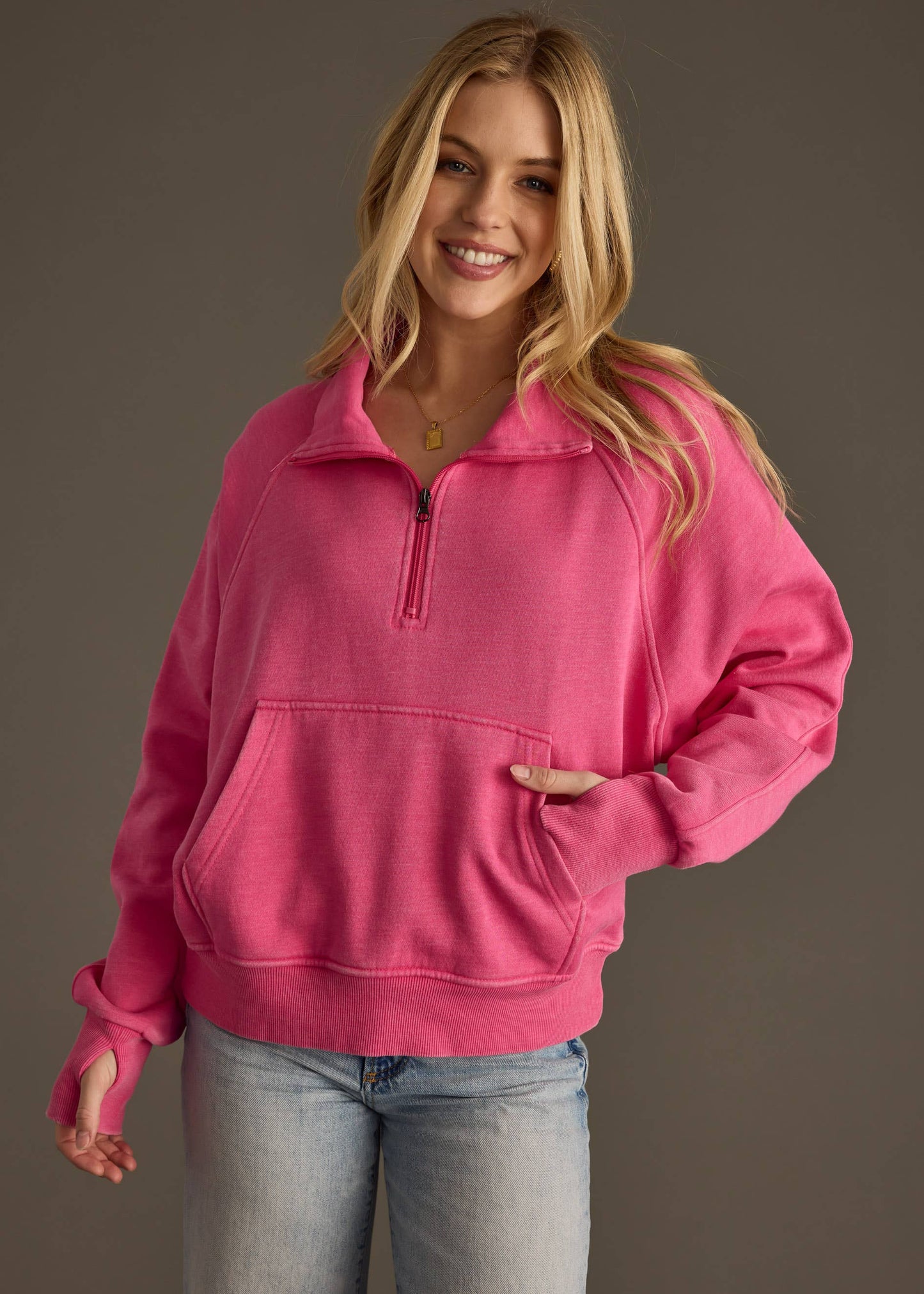 Val Quarter Zip Sweatshirt in Pink by Panache Apparel Co