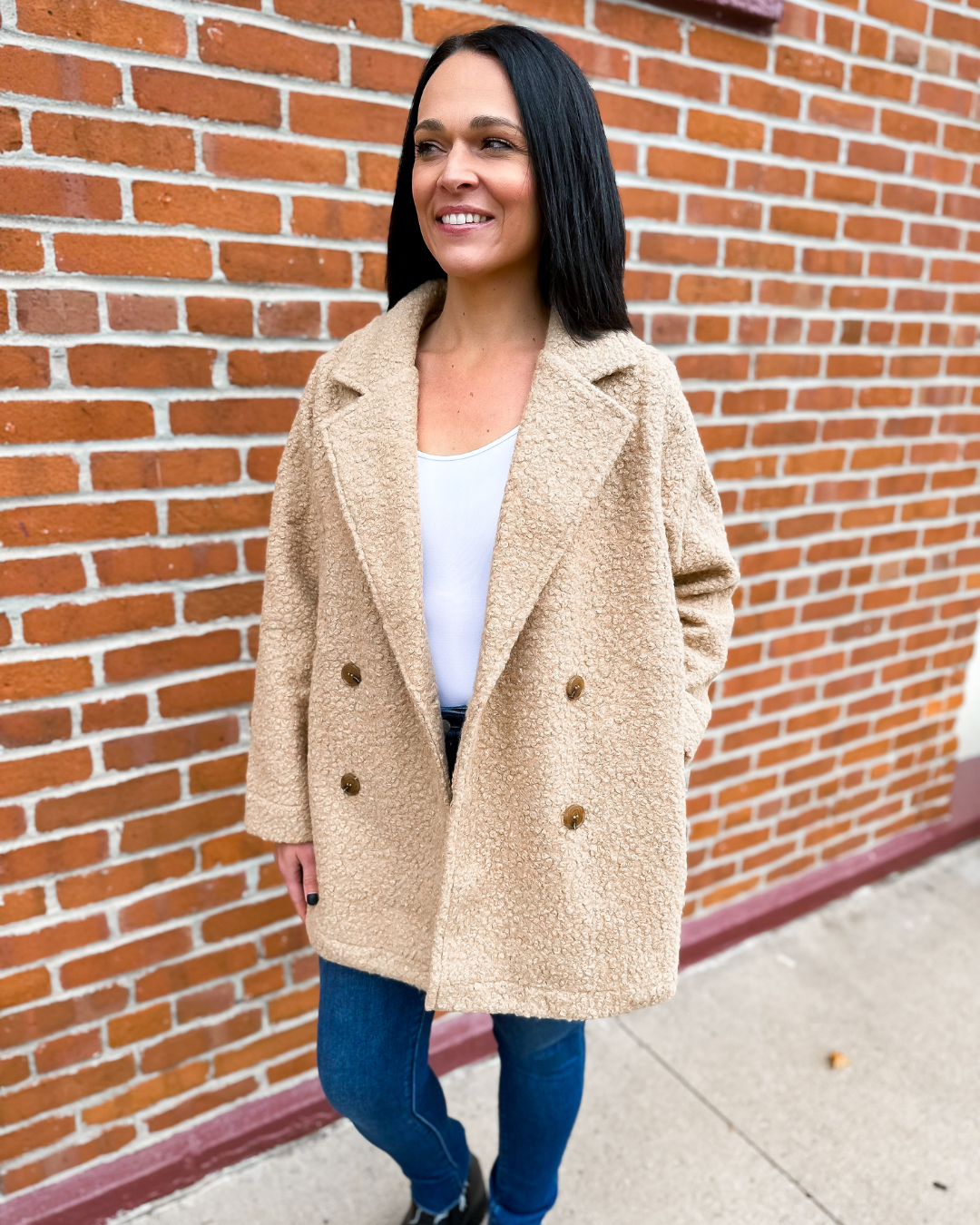 The Alexandria Fleece Teddy Pea Coat in Latte