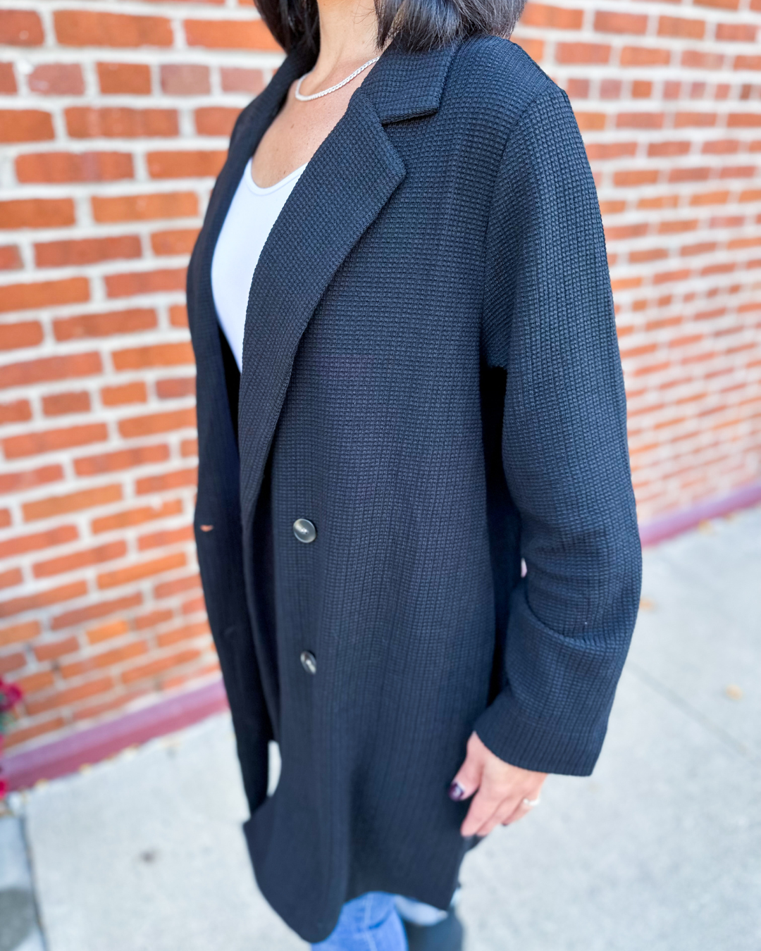 Adeline Waffle Knit Coatigan with Pockets in Black