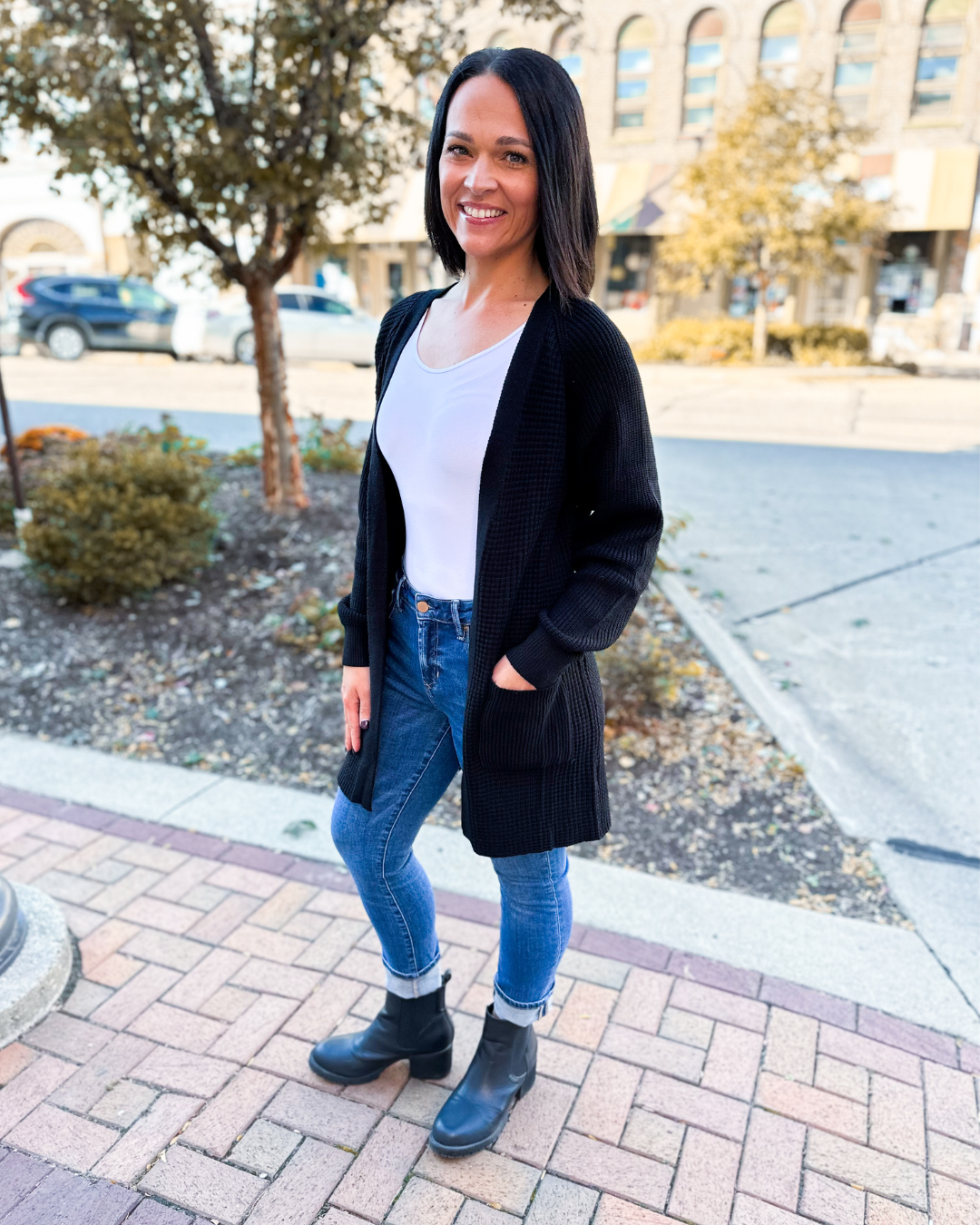 Helena Rib Knit Open Cardigan with Pockets in Black