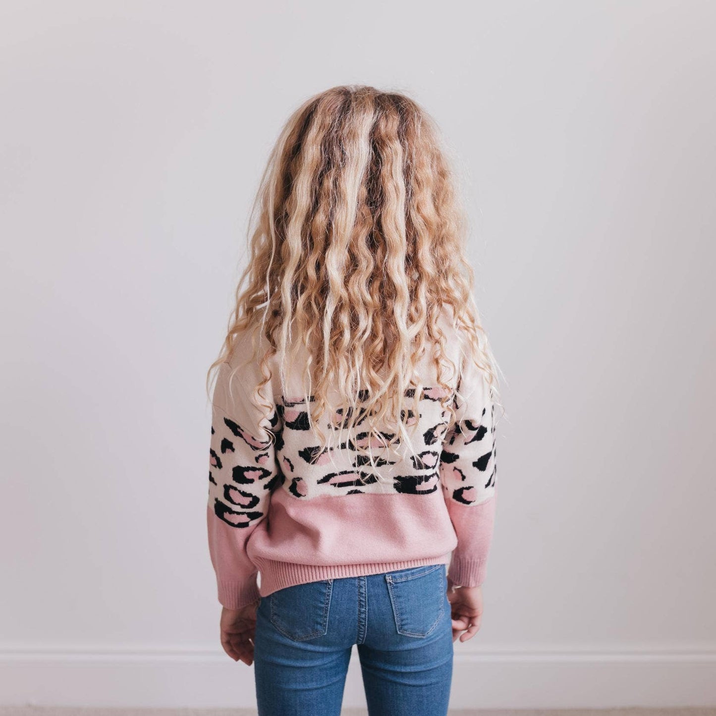 Kids Pink Cream Leopard Crew Neck Sweater
