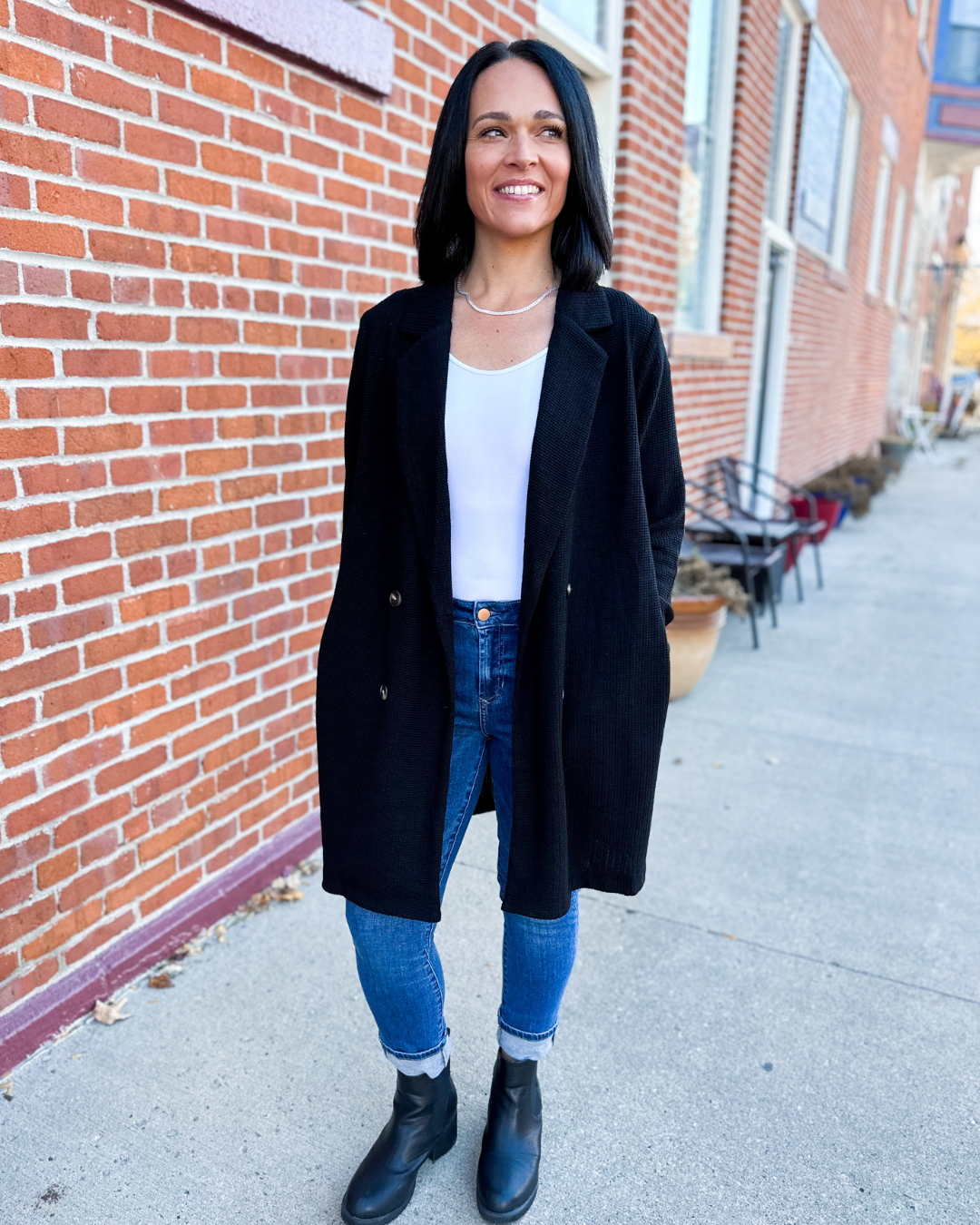 Adeline Waffle Knit Coatigan with Pockets in Black