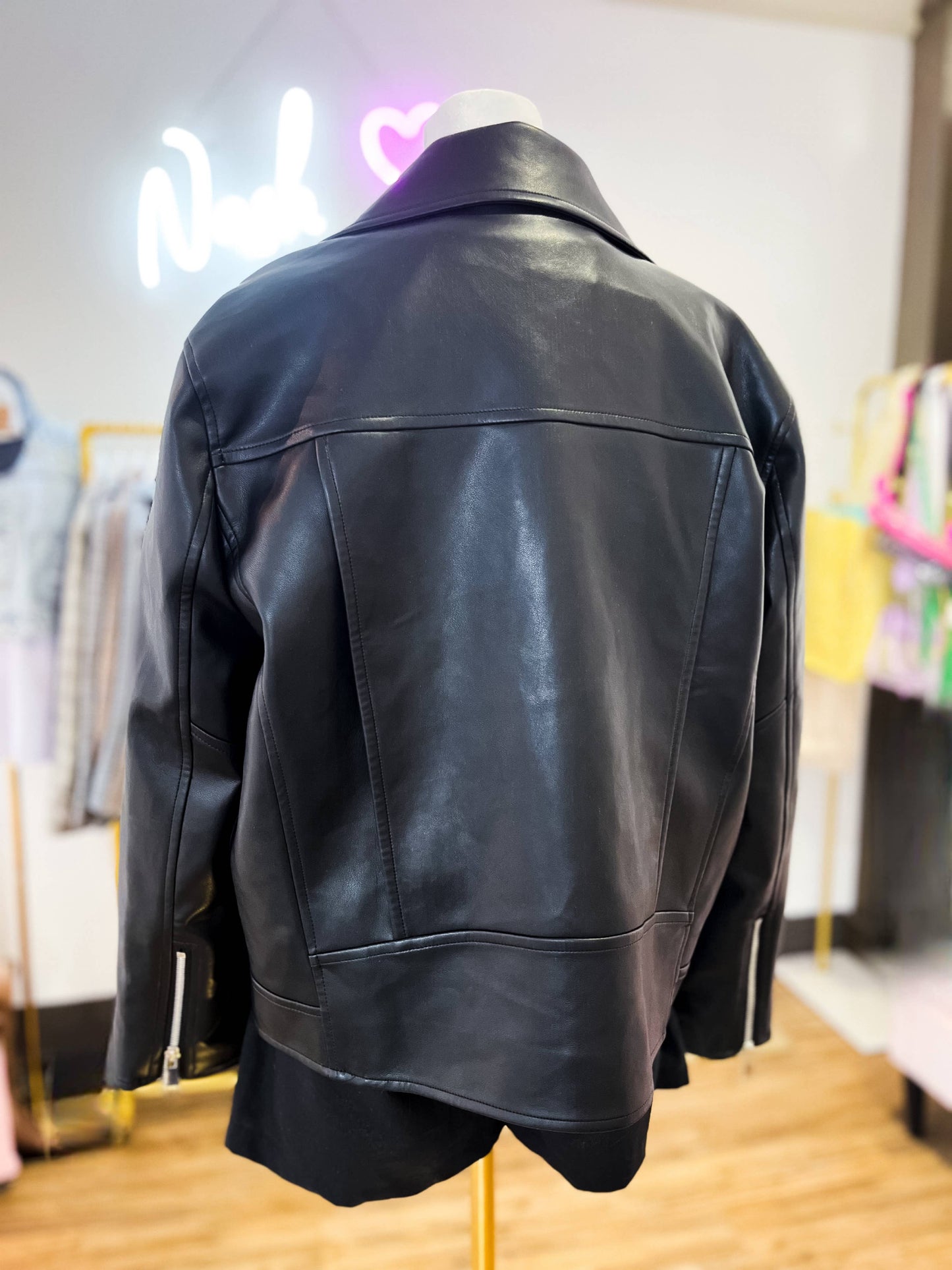Motto Style Vegan Leather Jacket in Black
