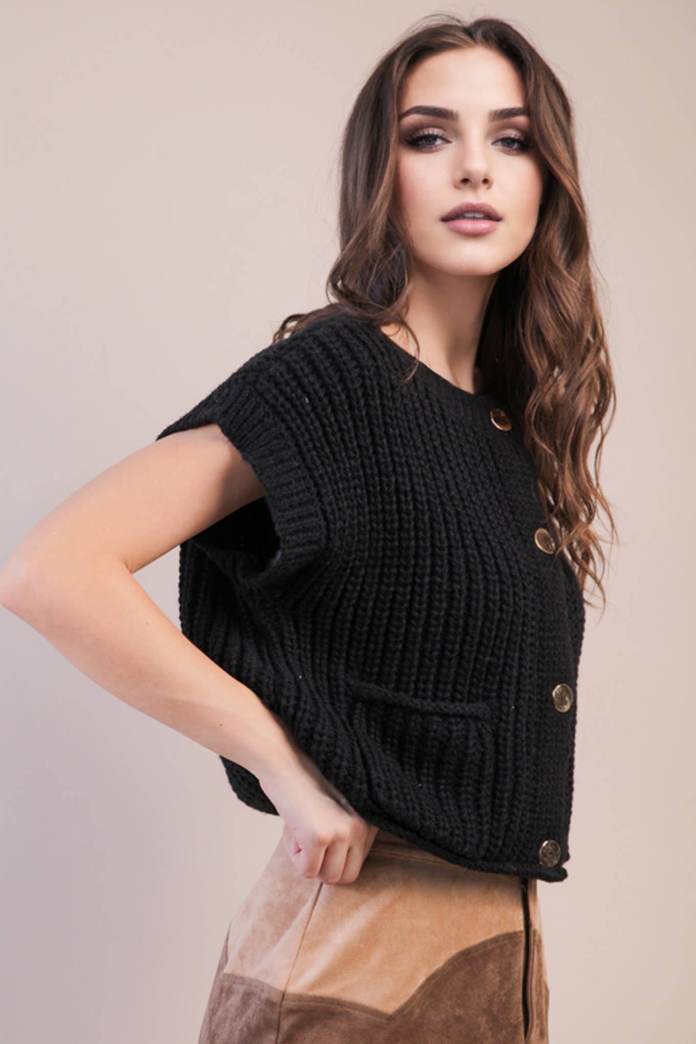 Oversized Button Down Knit Sweater Top in Black