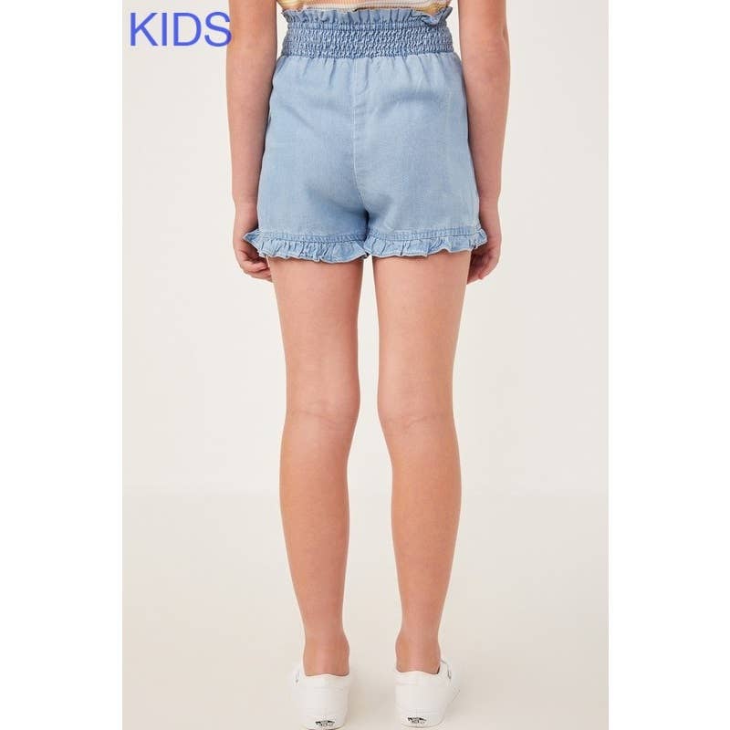 Girls Tencel Smocked Waist Ruffled Shorts in Light Denim
