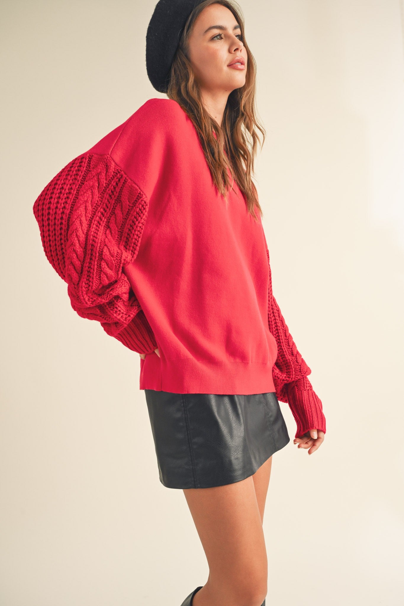 Lizzie Cable Sleeve Top in Red