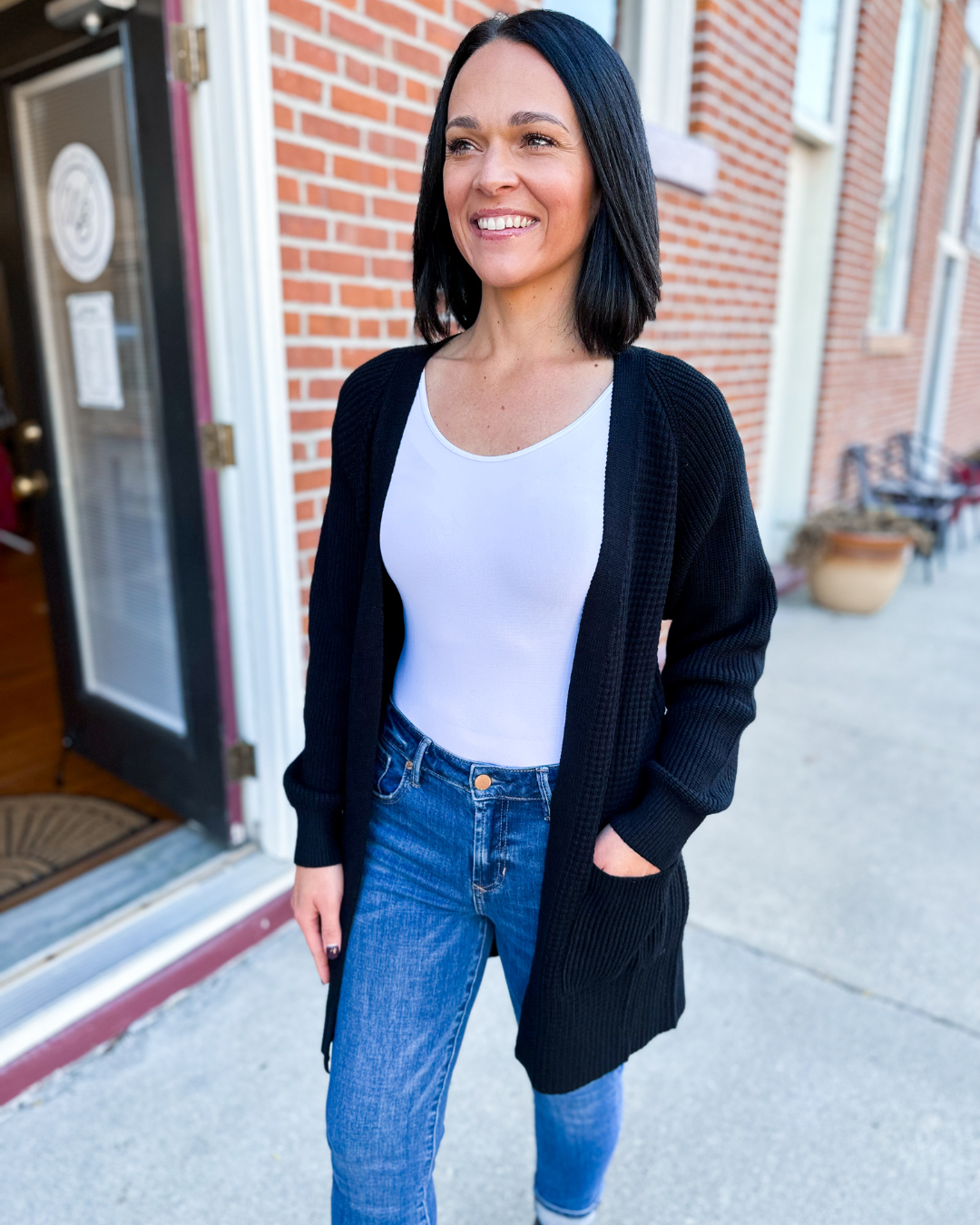 Helena Rib Knit Open Cardigan with Pockets in Black