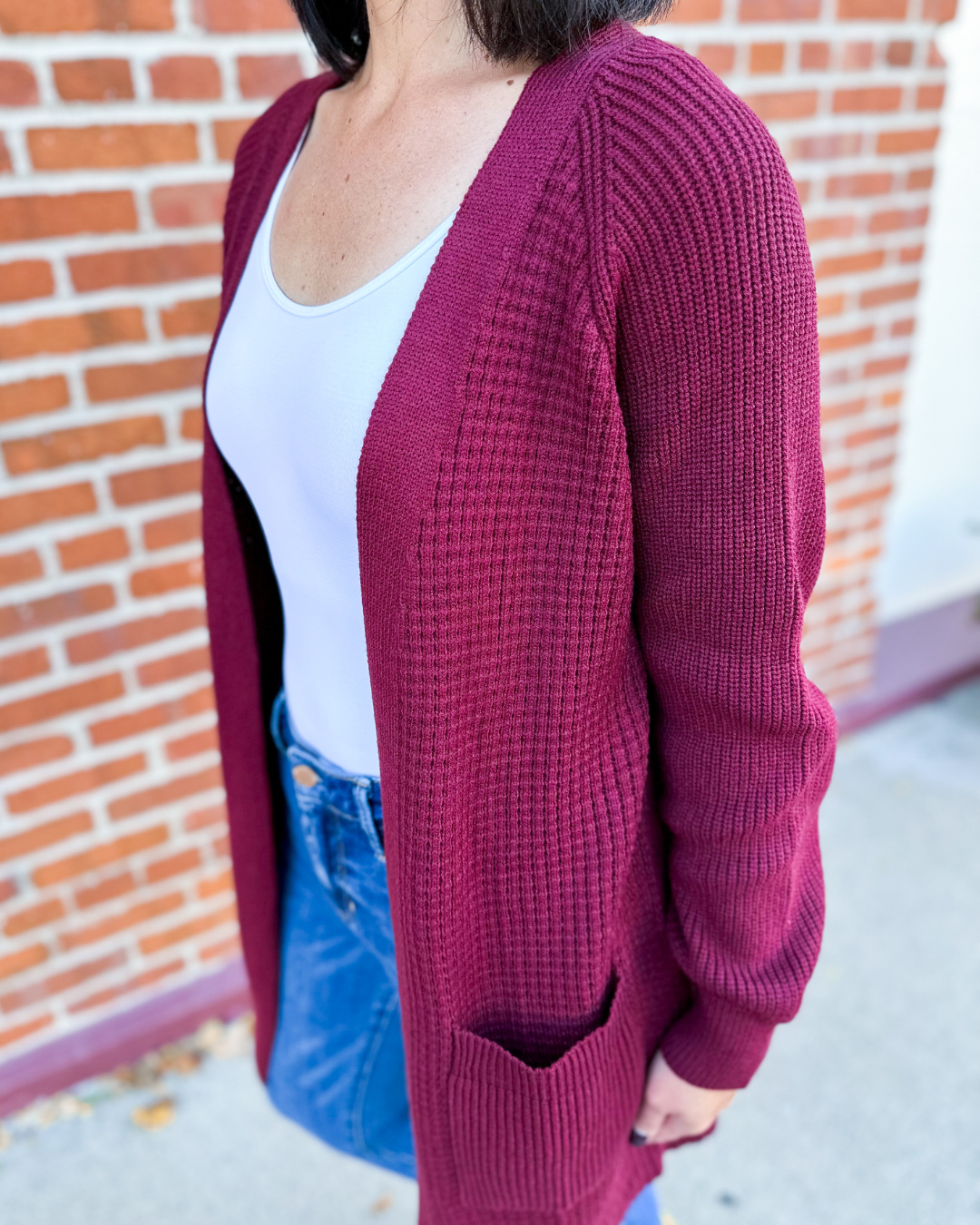 Helena Rib Knit Open Cardigan with Pockets - Wine