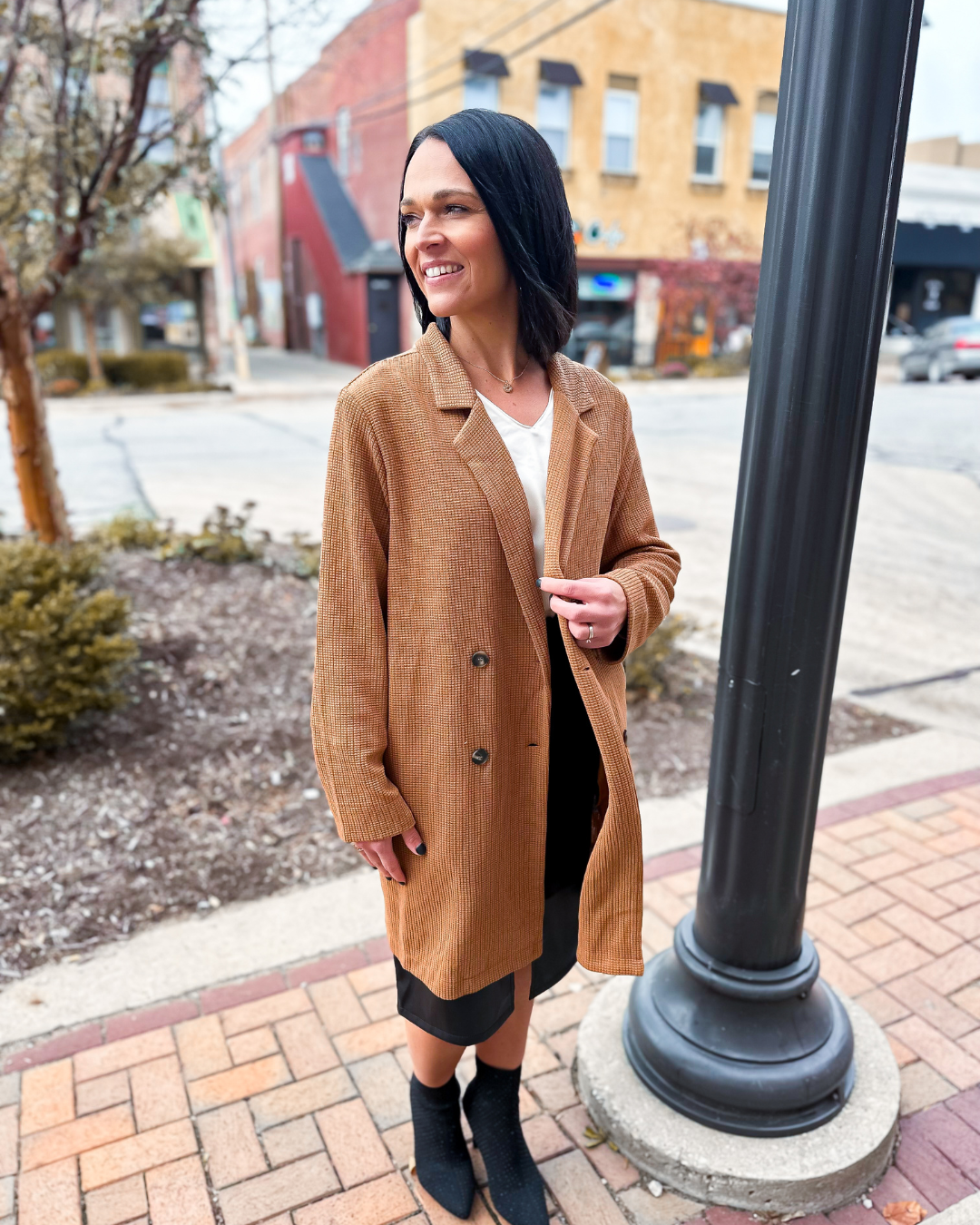 Adeline Waffle Knit Coatigan with Pockets in Camel