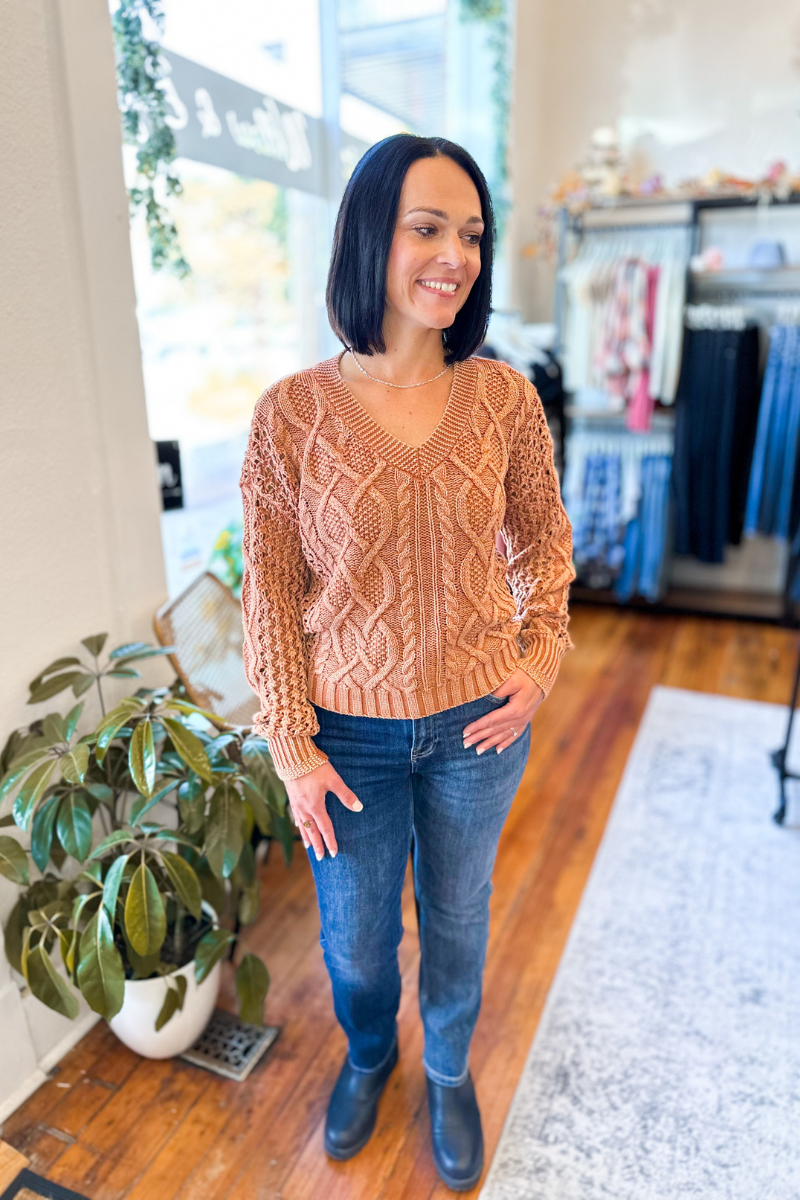 Bianca Acid Wash Orange Cable Knit Sweater