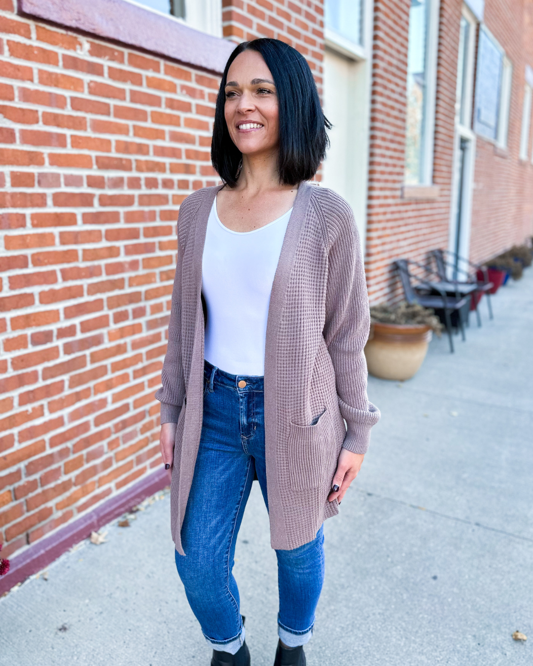 Helena Rib Knit Open Cardigan with Pockets - Coco