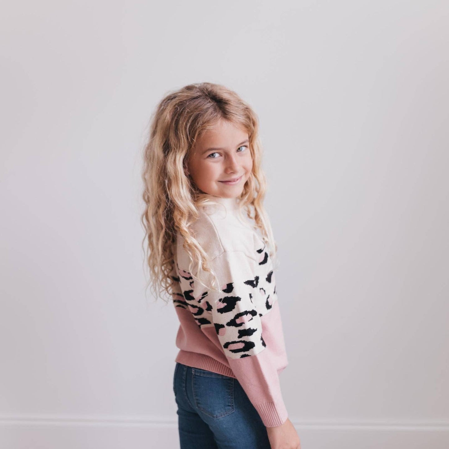 Kids Pink Cream Leopard Crew Neck Sweater