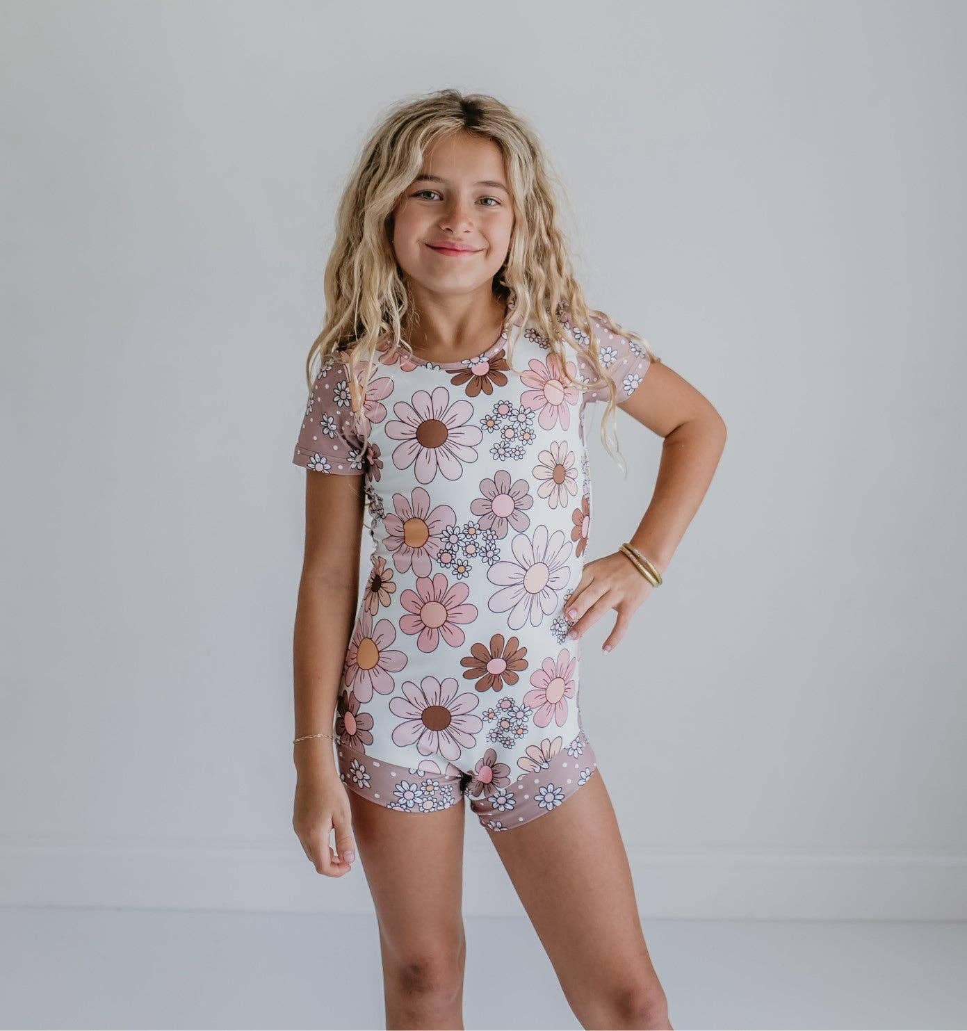 Kids Tan Retro Flower Leotard by Oopsie Daisy