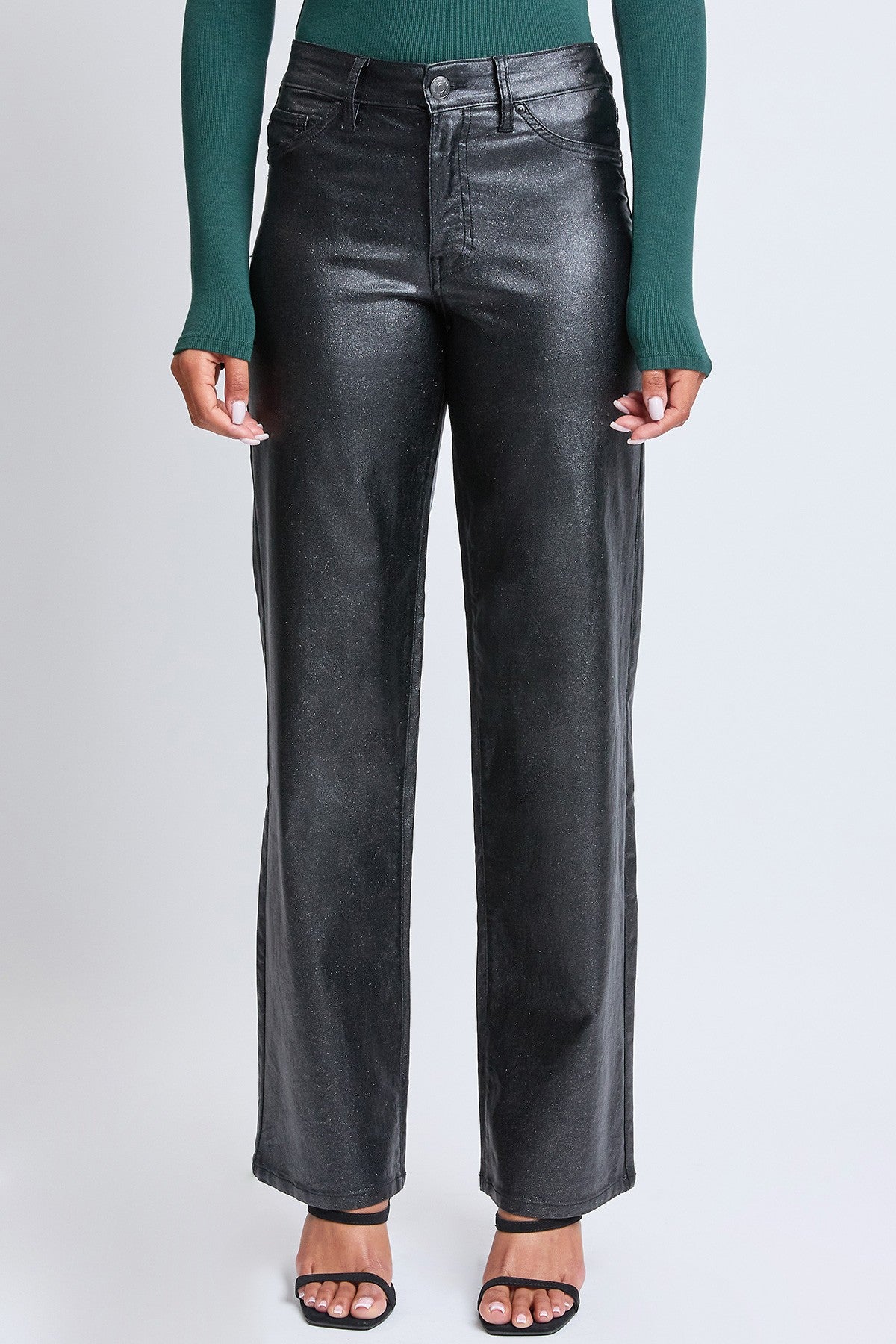 High Rise Straight Leg Metallic Pant in Black by YMI Jeans