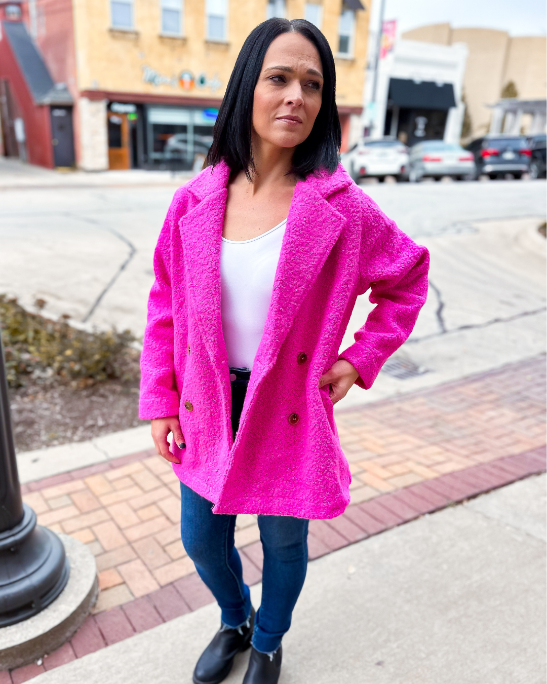The Alexandria Fleece Teddy Pea Coat in Hot Pink