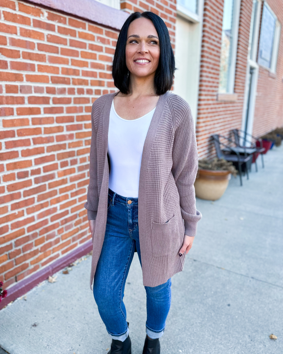 Helena Rib Knit Open Cardigan with Pockets - Coco