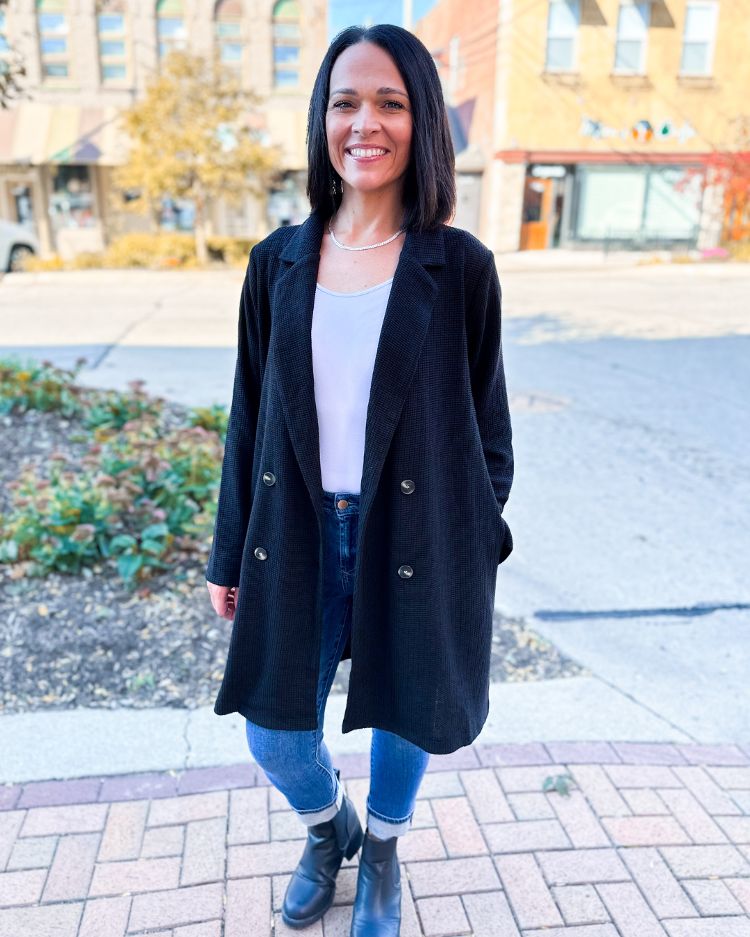Adeline Waffle Knit Coatigan with Pockets in Black