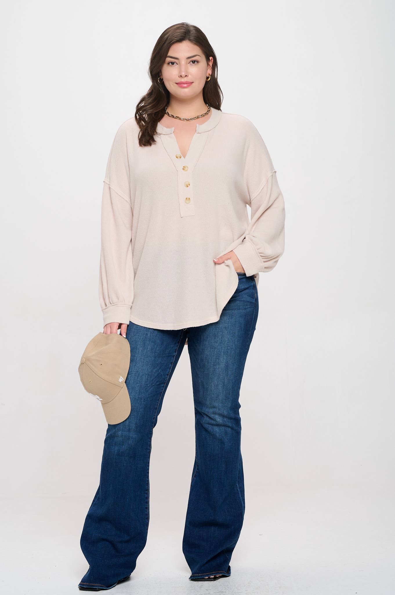 Half Button Long Sleeve Knit Top in Oatmeal (Plus Size)