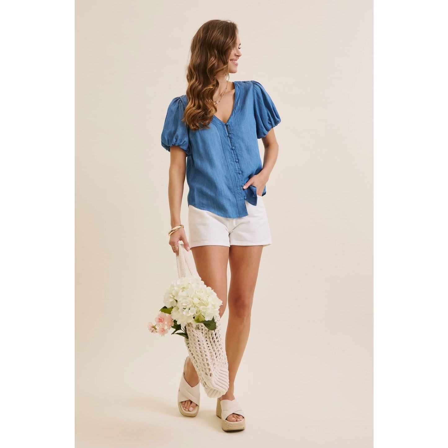 Linda Bubble Sleeve Top in Washed Denim
