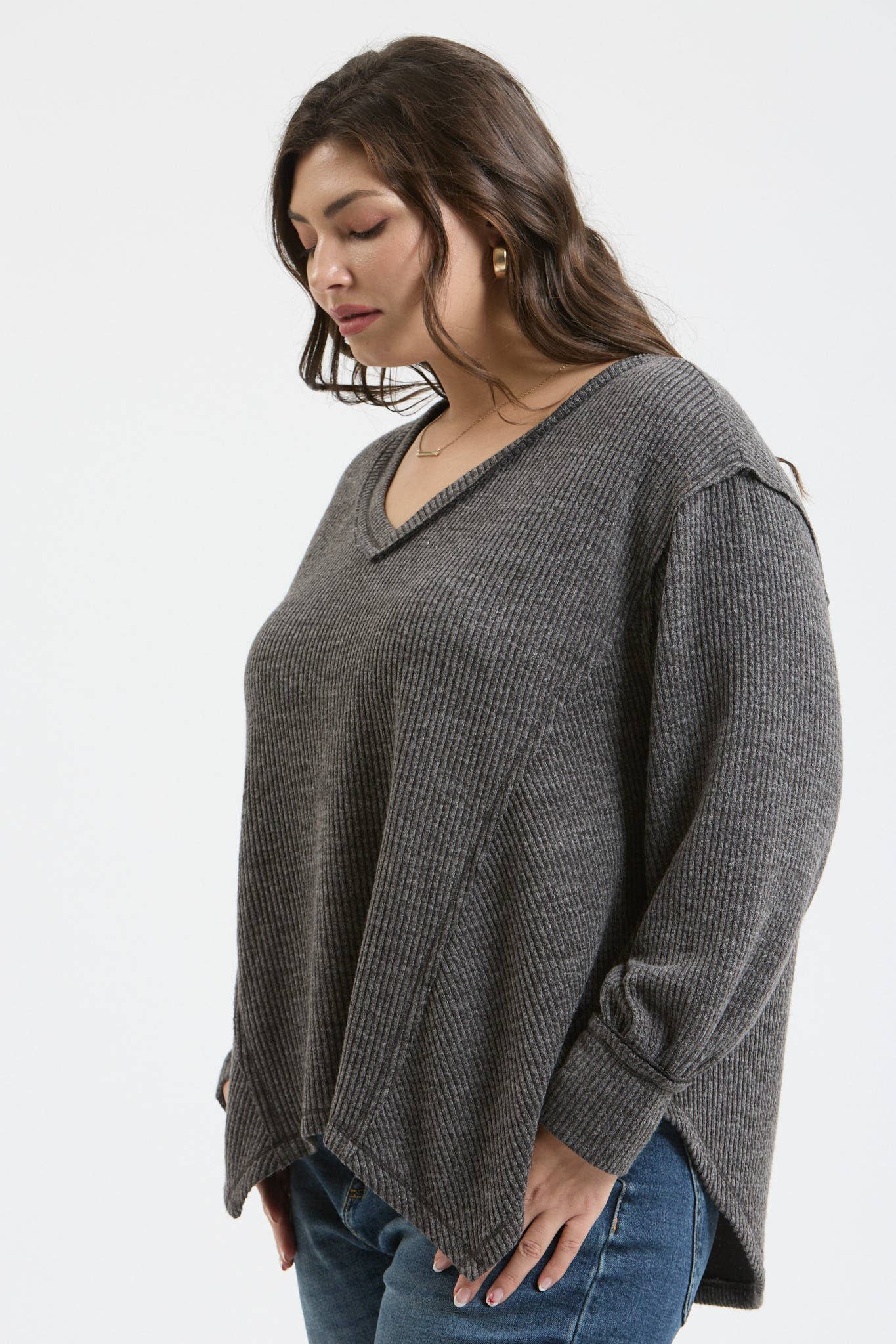 Asymmetrical Hem Knit Top in Charcoal (Plus Size)
