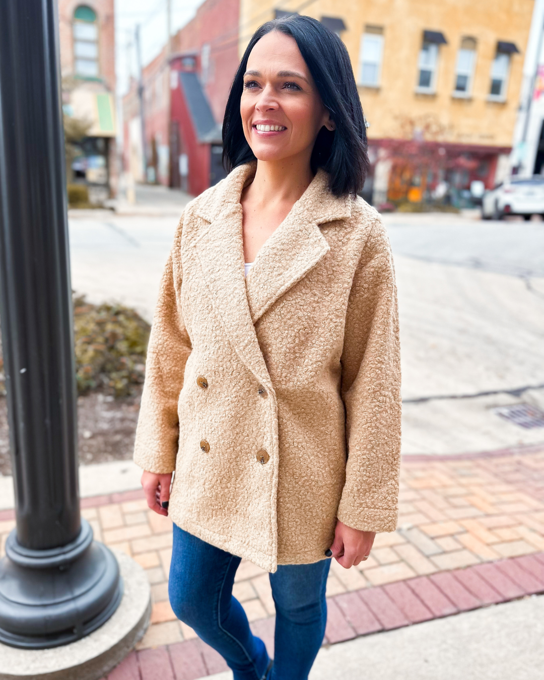The Alexandria Fleece Teddy Pea Coat in Latte