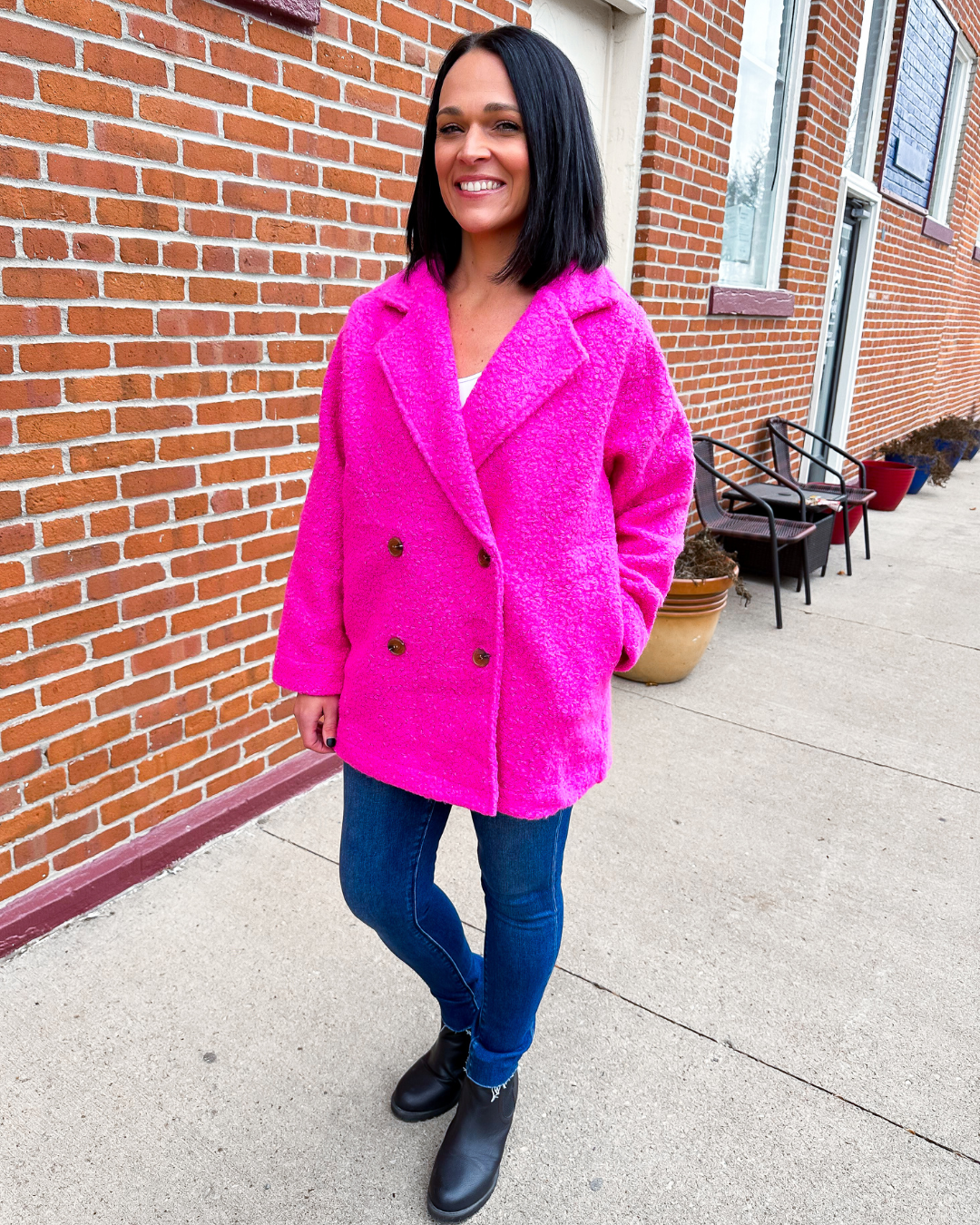 The Alexandria Fleece Teddy Pea Coat in Hot Pink