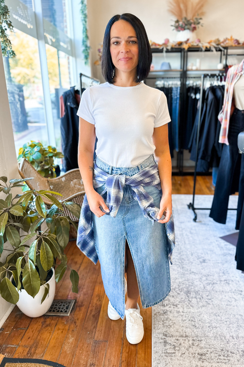 Gracie Crossover Denim Maxi Skirt with Front Slit