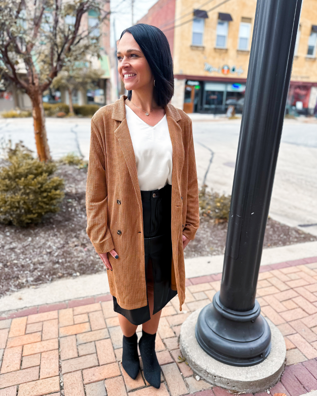 Adeline Waffle Knit Coatigan with Pockets in Camel