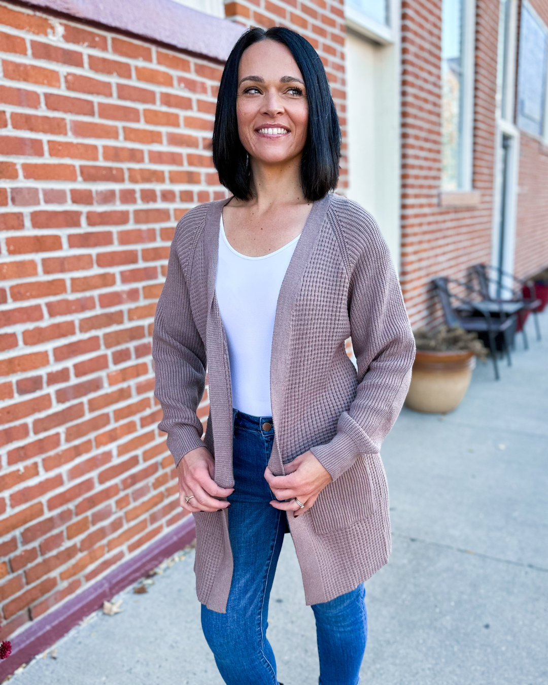 Helena Rib Knit Open Cardigan with Pockets - Coco