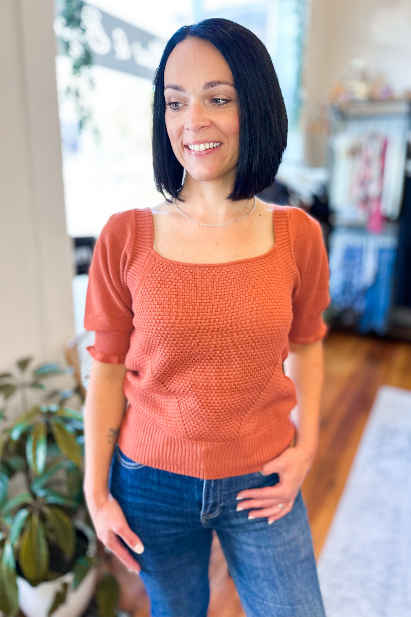 Caspian Orange Puff Sleeve Knit Top