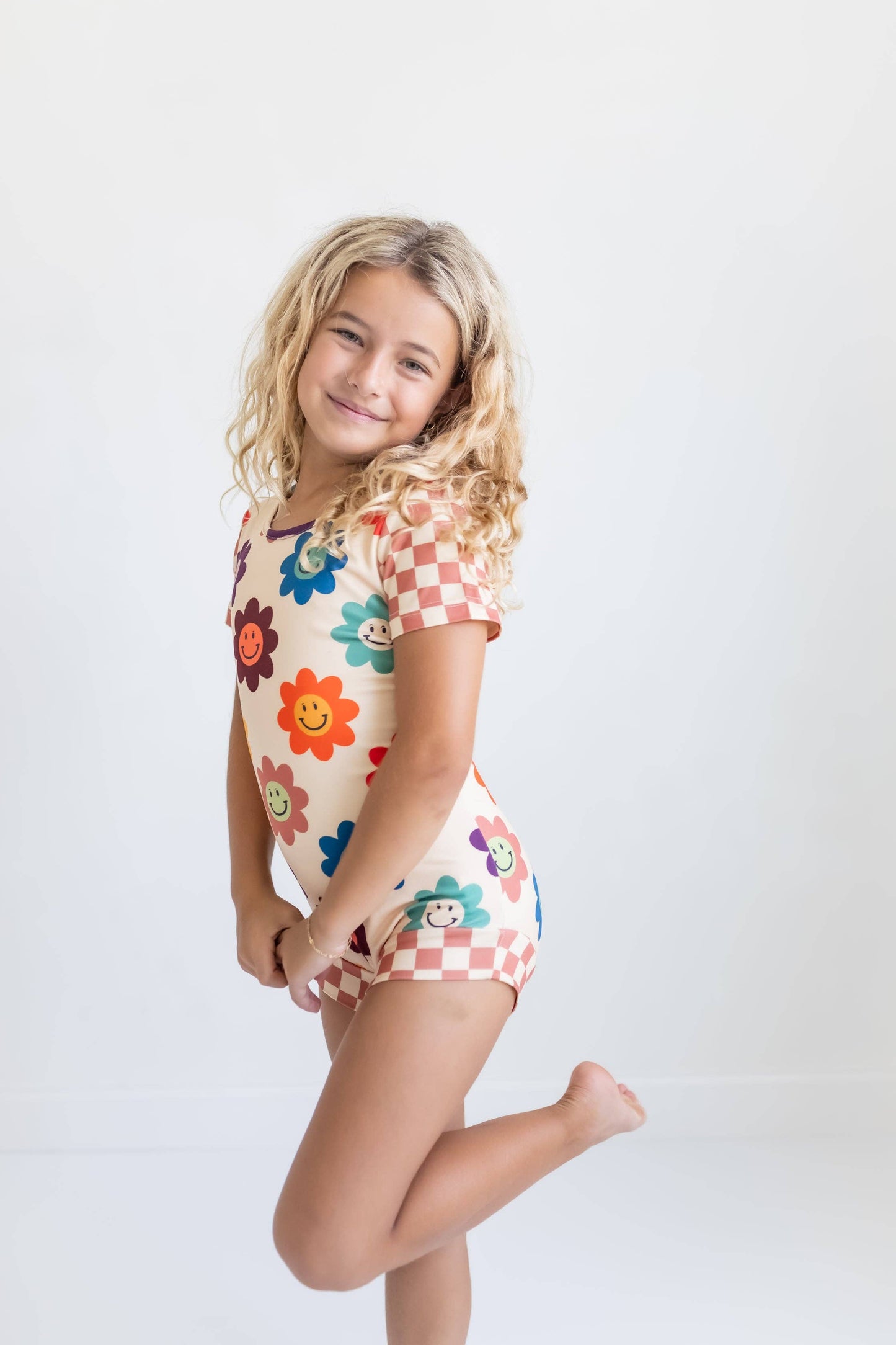 Rainbow Retro Smiley Face Checkered Dance Leotard by Oopsie Daisy