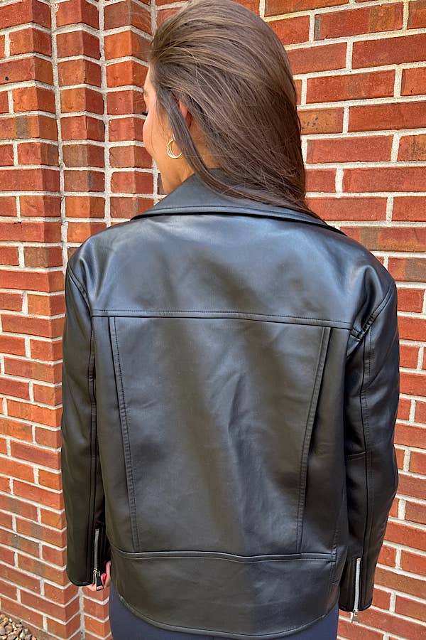 Motto Style Vegan Leather Jacket in Black
