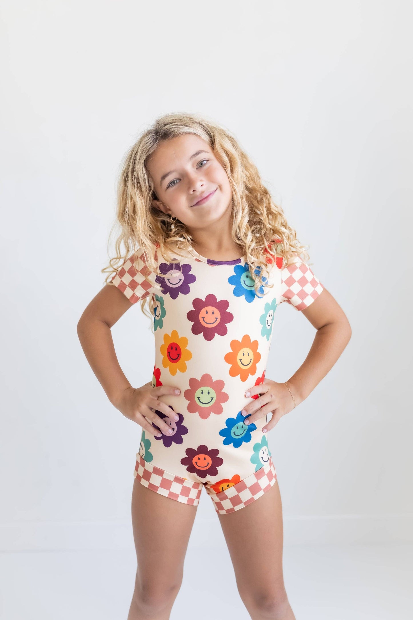 Rainbow Retro Smiley Face Checkered Dance Leotard by Oopsie Daisy