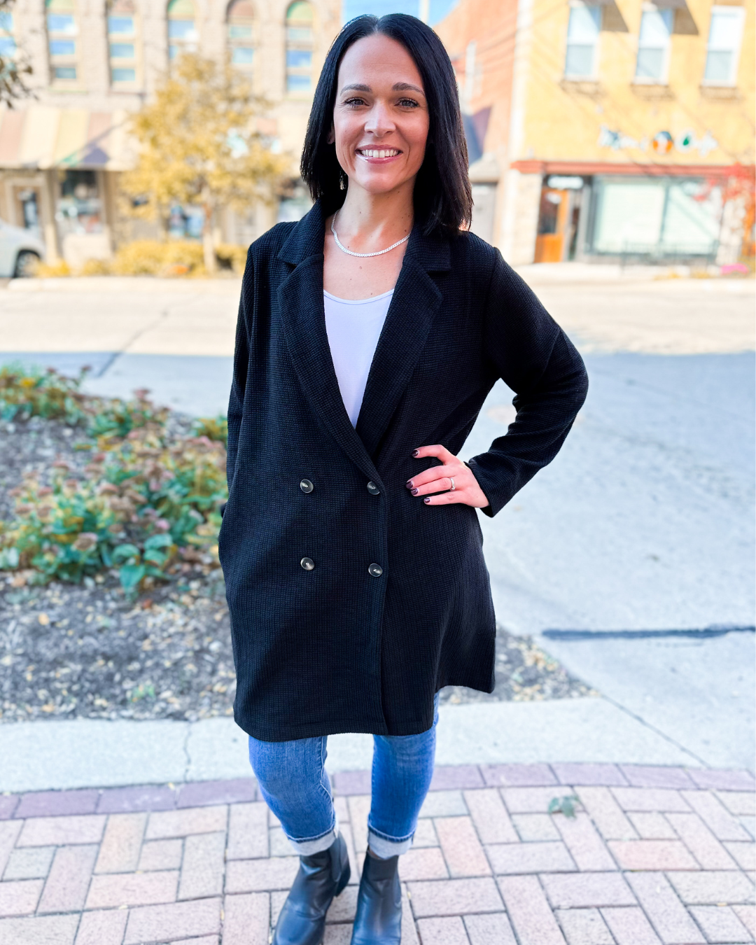 Adeline Waffle Knit Coatigan with Pockets in Black