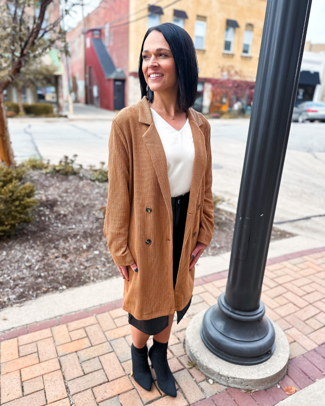 Adeline Waffle Knit Coatigan with Pockets in Camel