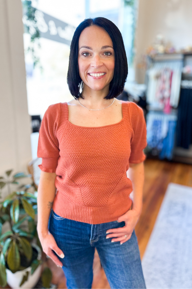 Caspian Orange Puff Sleeve Knit Top