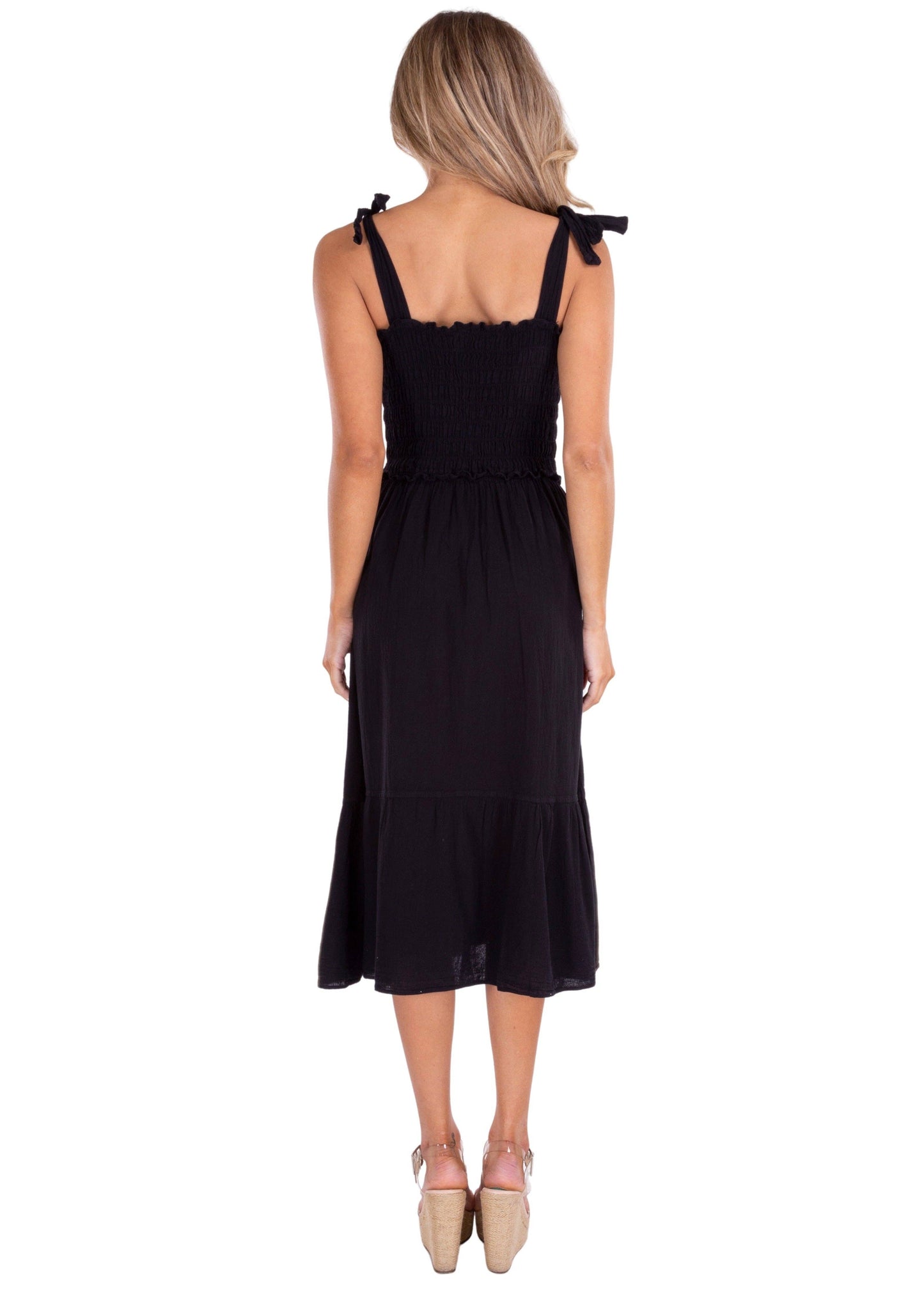 Tie-Shoulder Smocked A-Line Cotton Midi Dress in black