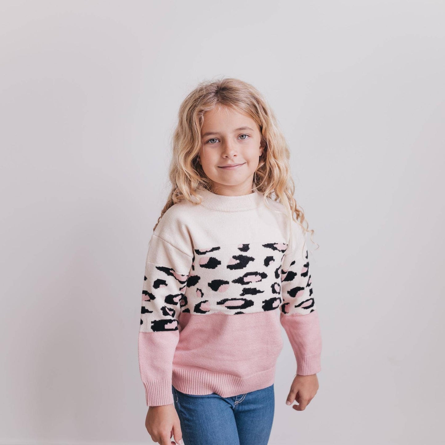 Kids Pink Cream Leopard Crew Neck Sweater