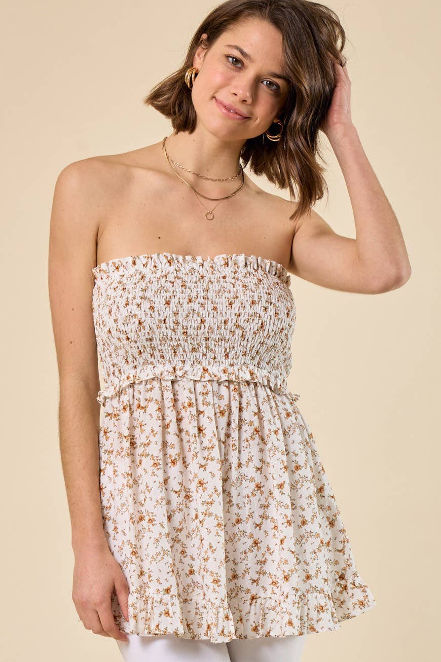Zara Ditsy Smocked Tube Top in Caramel
