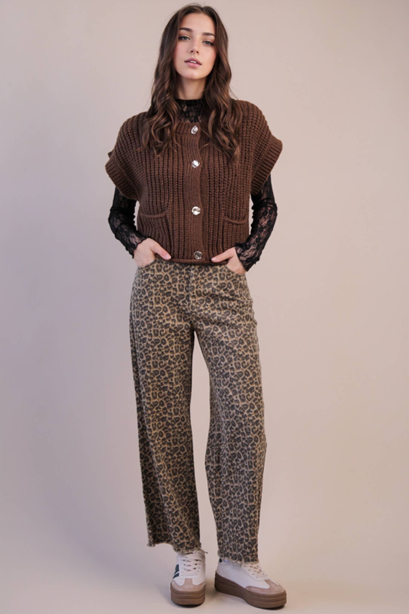 Oversized Button Down Knit Sweater Top in Chocolate