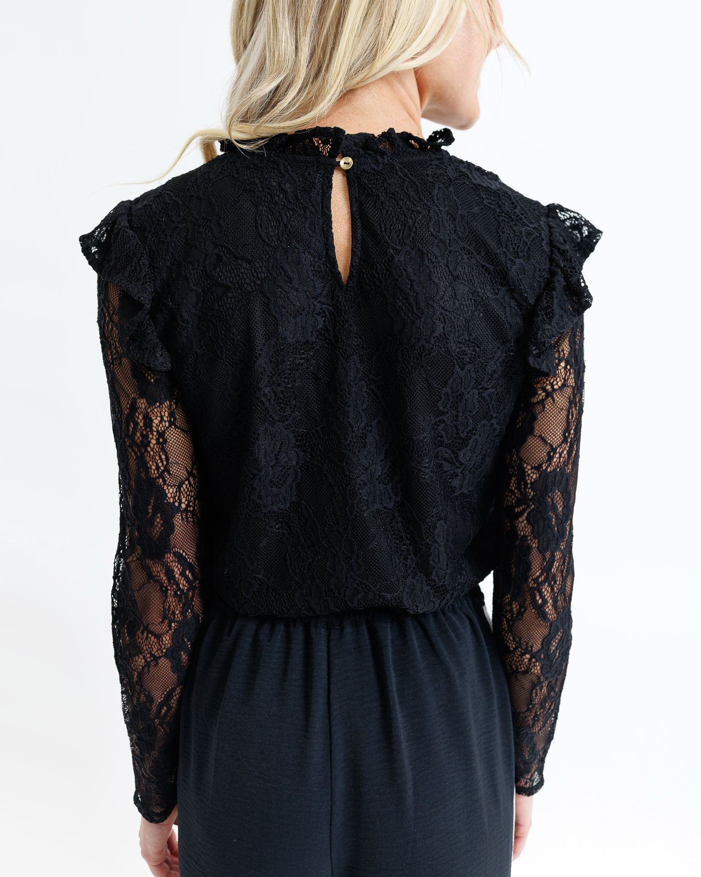 Robyn Black Lace Long Sleeve Ruffled Top by Downeast
