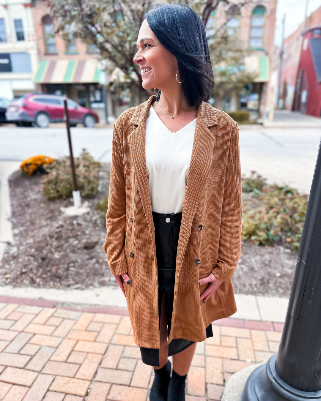 Adeline Waffle Knit Coatigan with Pockets in Camel