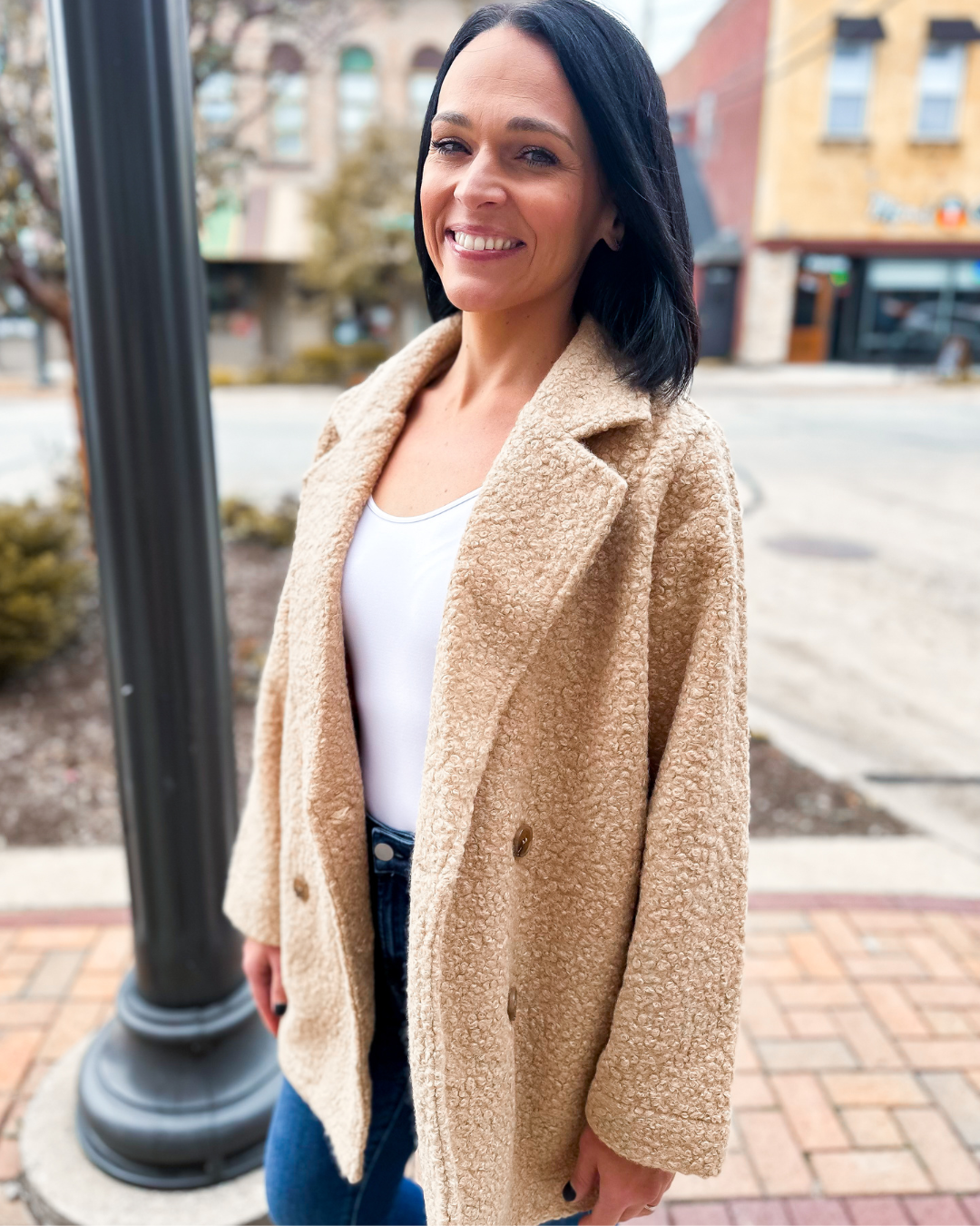 The Alexandria Fleece Teddy Pea Coat in Latte