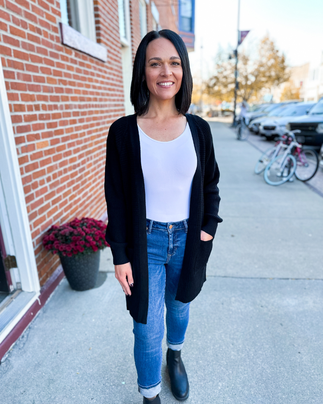 Helena Rib Knit Open Cardigan with Pockets in Black