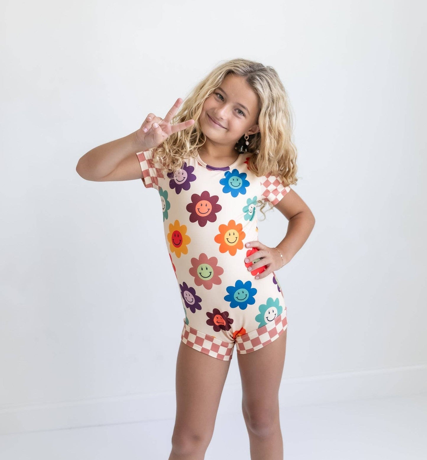 Rainbow Retro Smiley Face Checkered Dance Leotard by Oopsie Daisy