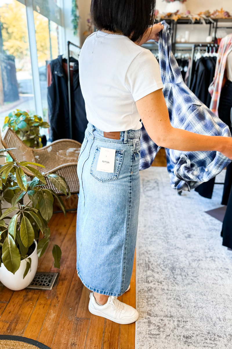 Gracie Crossover Denim Maxi Skirt with Front Slit