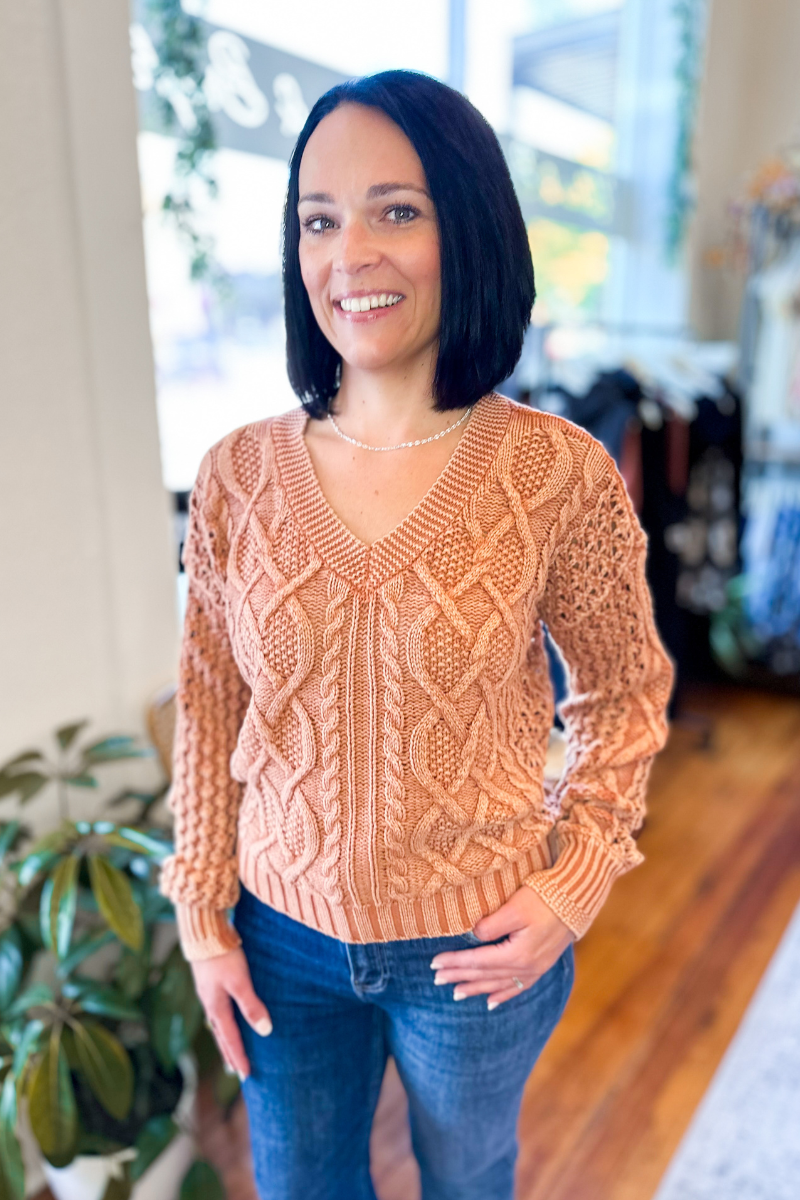 Bianca Acid Wash Orange Cable Knit Sweater