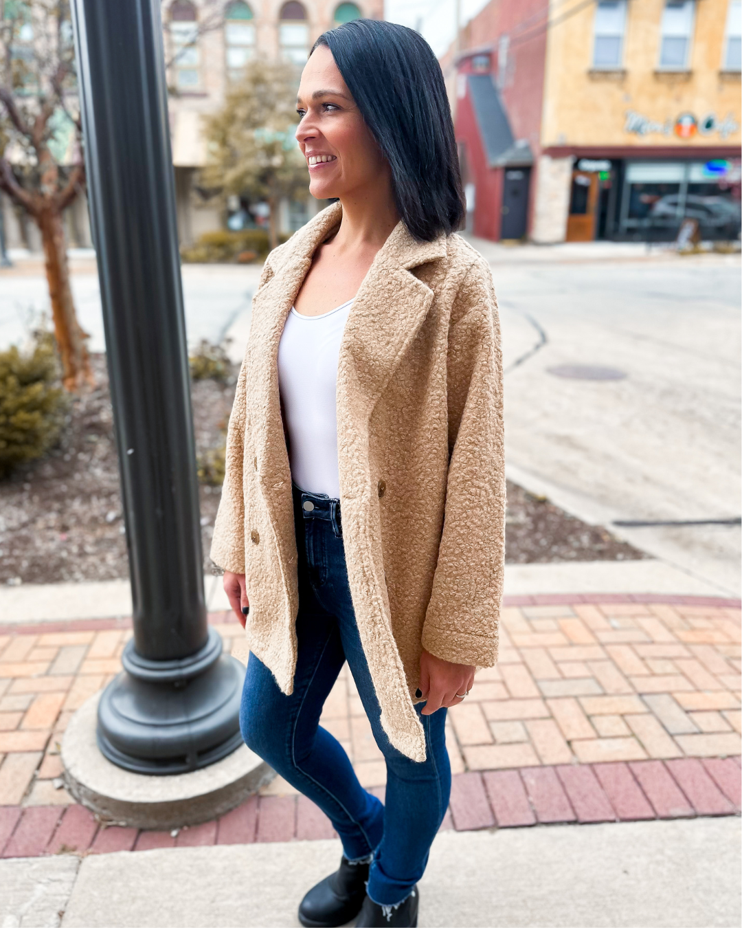 The Alexandria Fleece Teddy Pea Coat in Latte