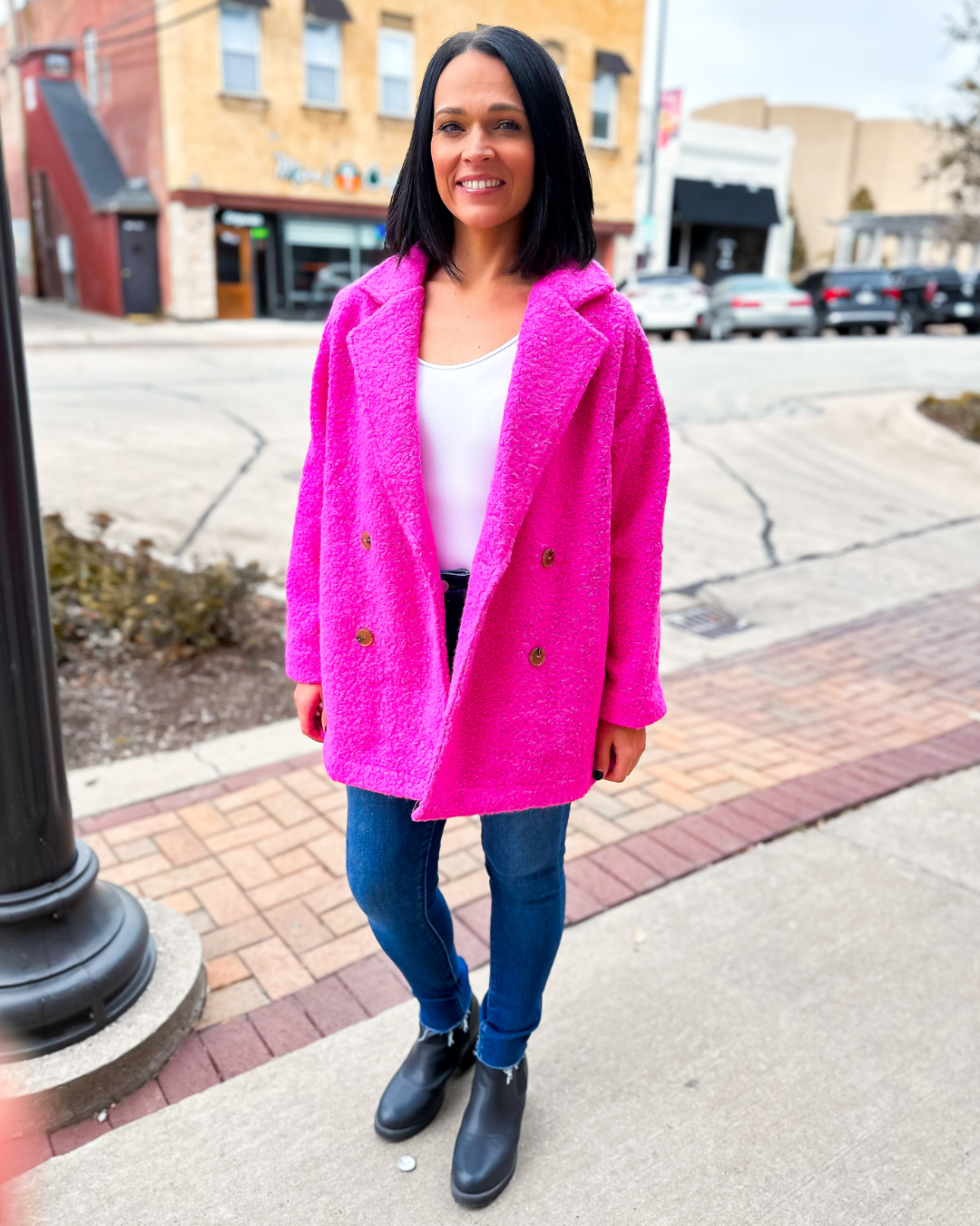 The Alexandria Fleece Teddy Pea Coat in Hot Pink